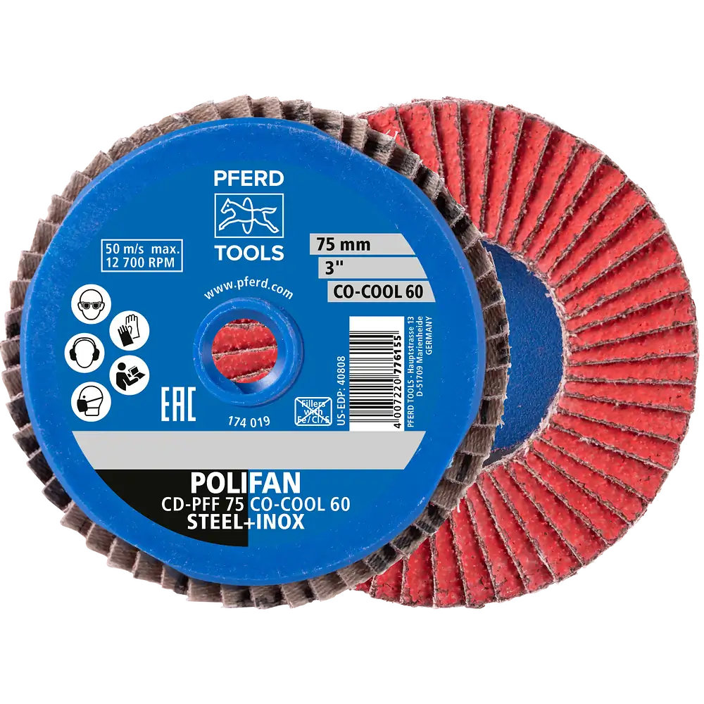 PFERD TOOLS COMBIDISC Keramikkorn Mini-POLIFAN CD Ø 75mm CO-COOL40 für kühlen Schliff auf Edelstahl