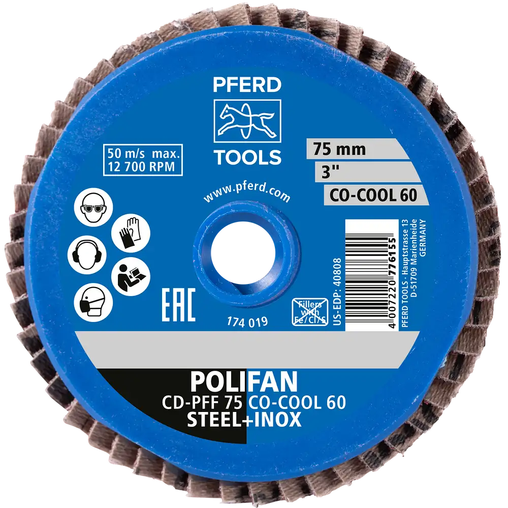 PFERD TOOLS COMBIDISC Keramikkorn Mini-POLIFAN CD Ø 75mm CO-COOL40 für kühlen Schliff auf Edelstahl