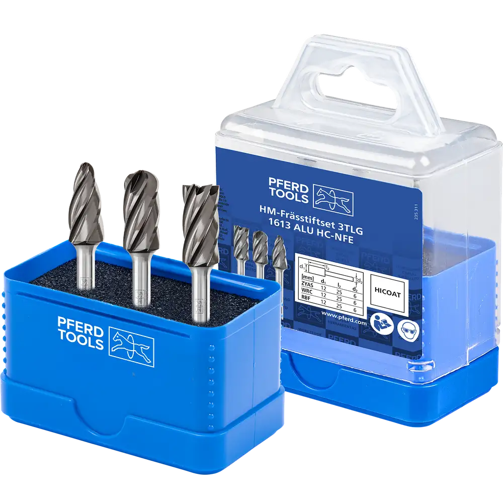 PFERD TOOLS Hartmetall Hochleistungsfrässtift Set 1613 ALU 3-tlg Ø 12mm Schaft-Ø 6mm HICOAT beschichtet für für Alu/NE Metalle