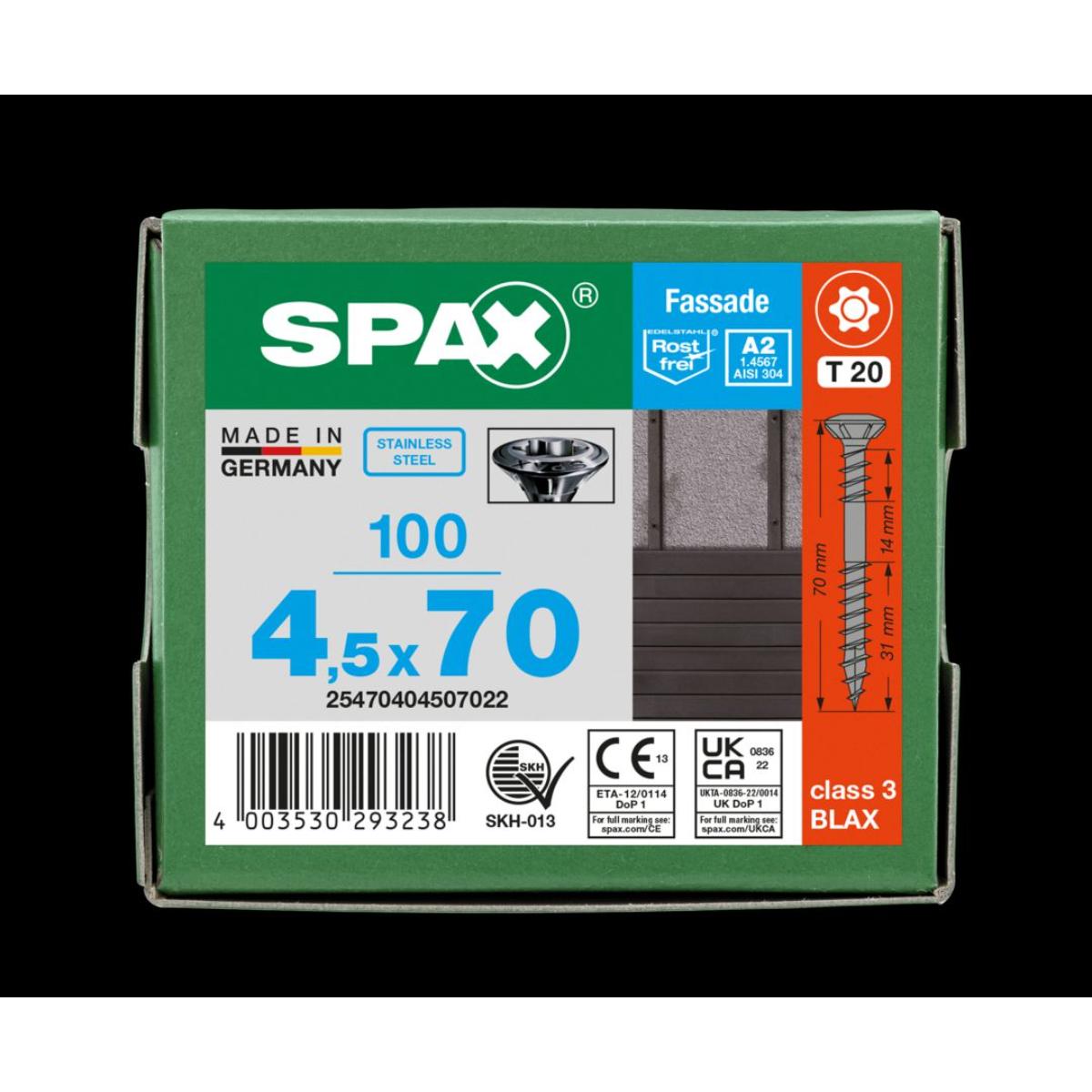 SPAX Fassadenschraube A2 Linsensenkkopf 8mm Fraesrippen T-Star Plus T20 Fixiergewinde 4CUT Blax, 100 Stück