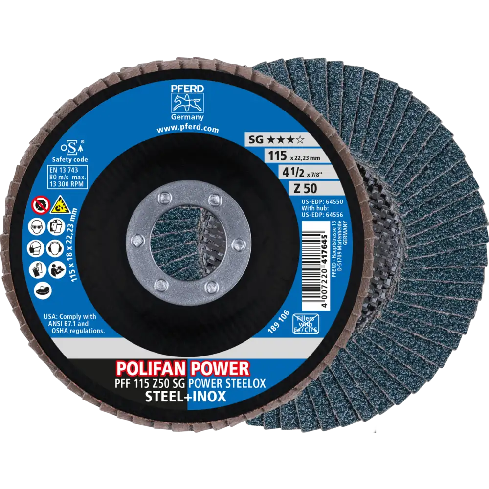 PFERD TOOLS POLIFAN POWER Fächerscheibe PFC flach Leistungslinie SG STEELOX für Stahl/Edelstahl