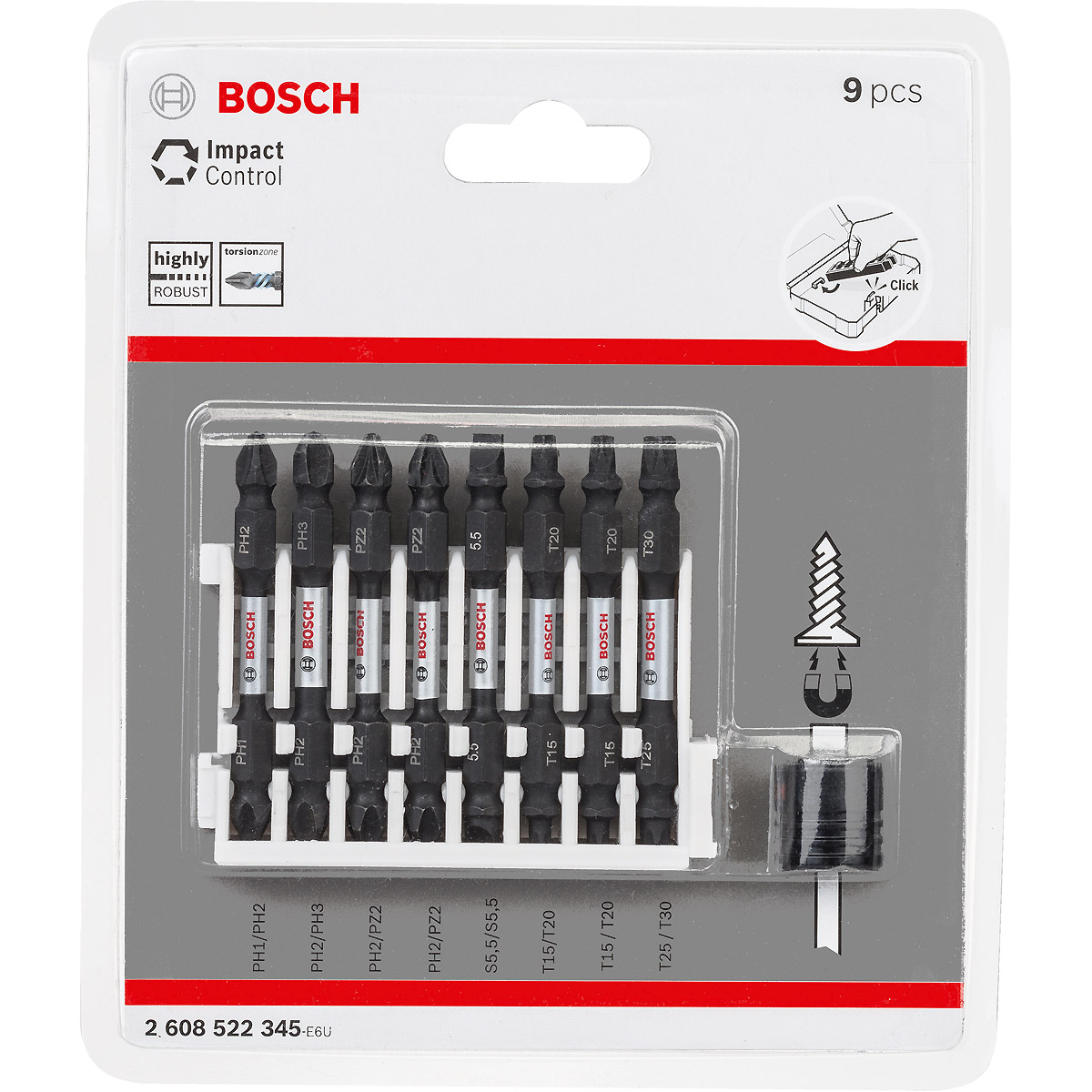 Bosch Doppelklingen Schrauberbit-Set Impact Control, 9-teilig, PH1 / PH2 / PH3 / PZ2 / PZ3 / SL1x5,5
