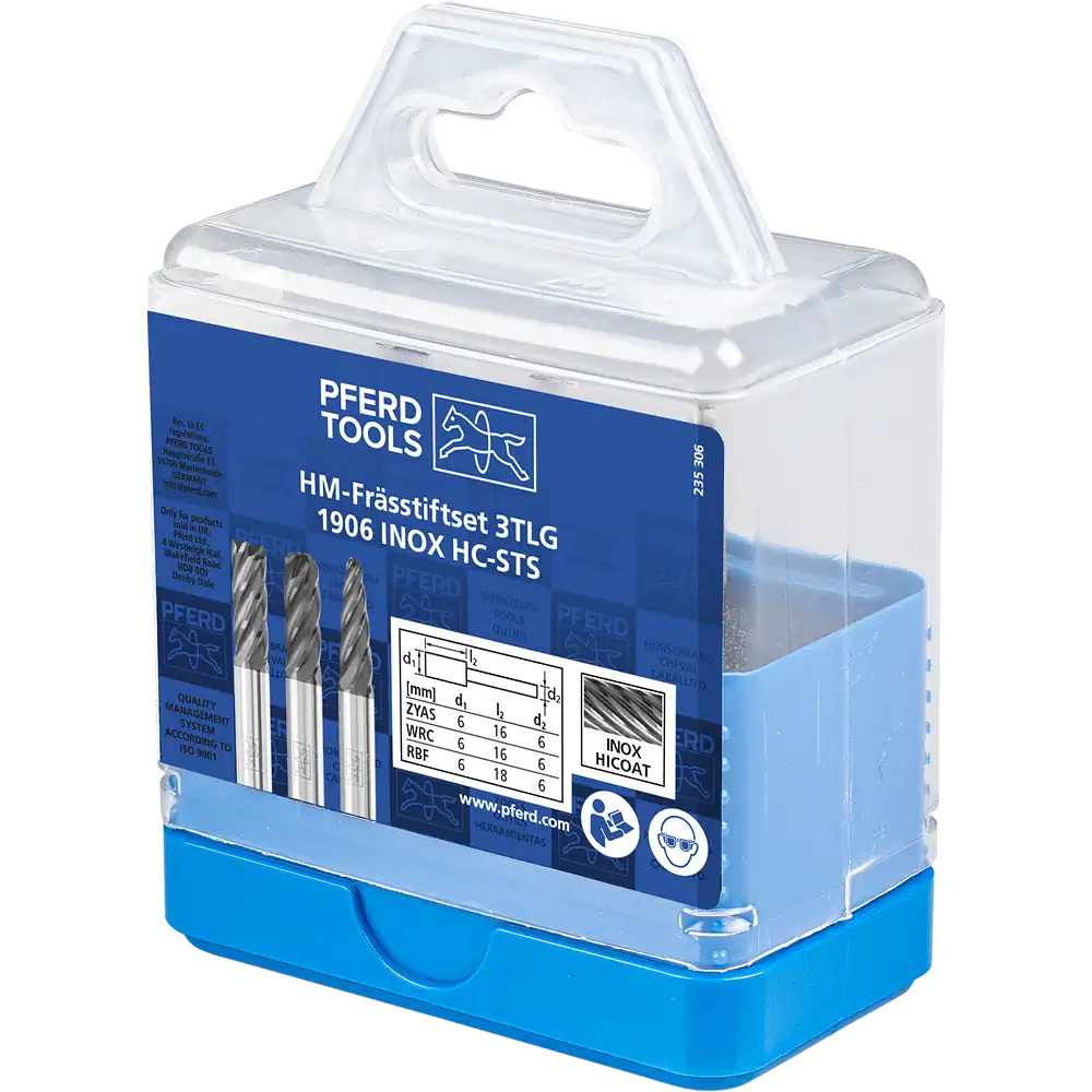 PFERD TOOLS Hartmetall Hochleistungsfrässtift Set 1906 INOX 3-tlg Ø 6mm Schaft-Ø 6mm HICOAT beschichtet beschichtet für Edelstahl
