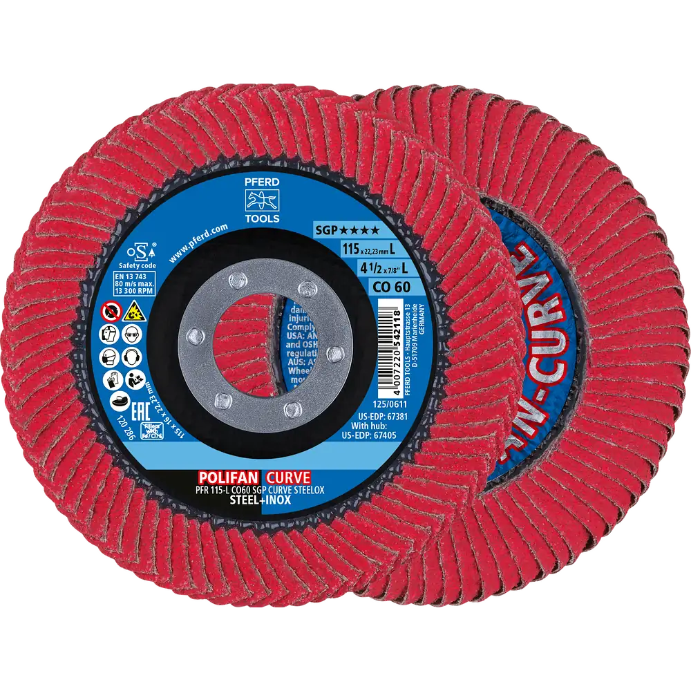 PFERD TOOLS POLIFAN CURVE Fächerscheibe PFR 115x22,23 mm Breite L CO60 SGP STEELOX für Stahl/Edelstahl (POS 2)