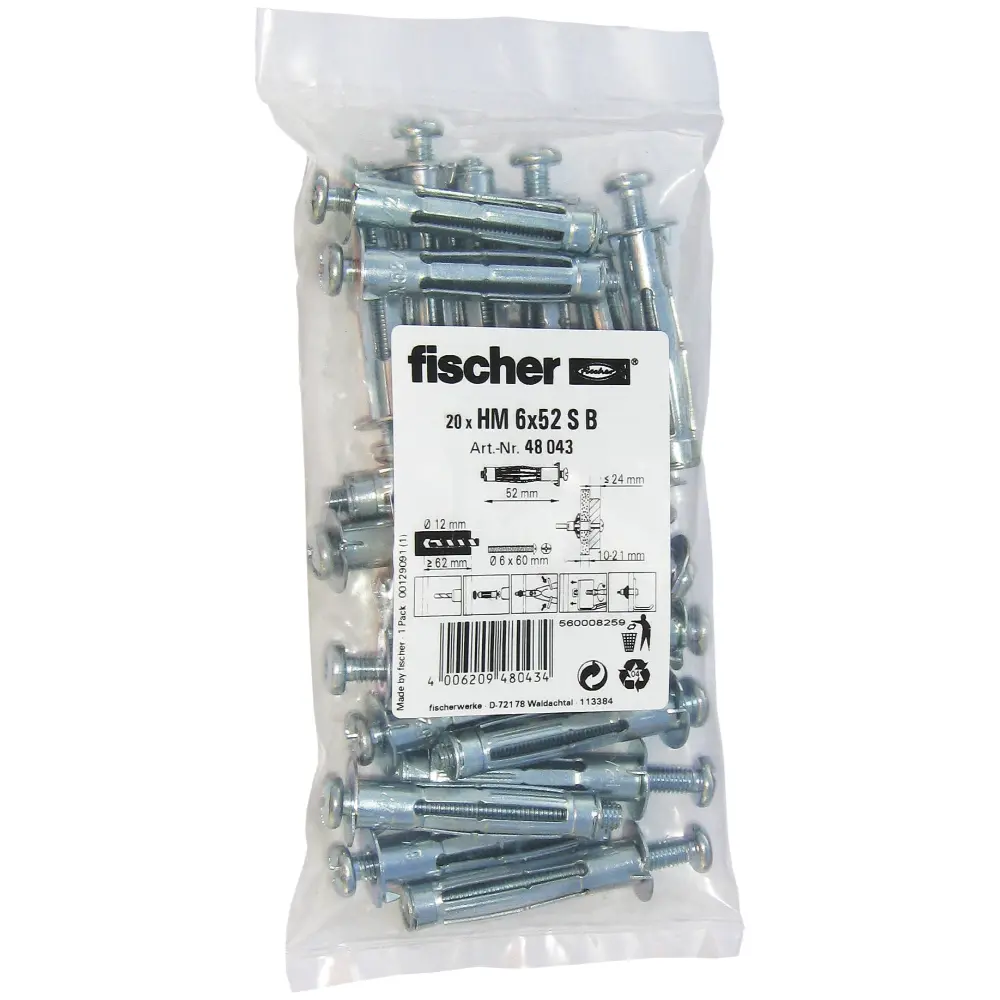 Fischer Hohlraum-Metalldübel HM 6x52 S B (20) mit Schraube
