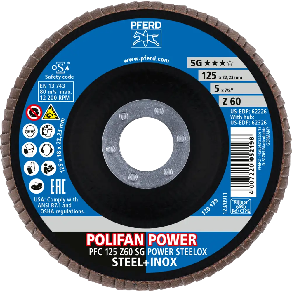 PFERD TOOLS Trenn-/Fächerscheiben-Set PFC 125 Z60 SG POWER / EHT 125-1,0 SG STEELOX für Stahl/Edelstahl