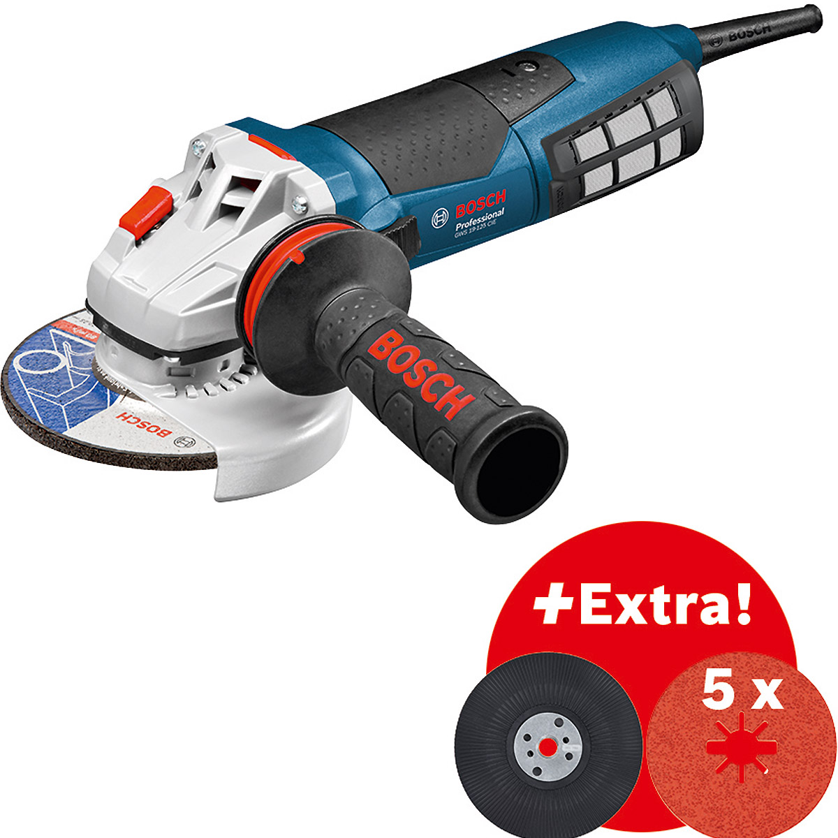 Bosch Set: GWS 19-125 CIE, Strongflex-Kabel, 5x X-LOCK Fiberschleifscheibe,Stützteller