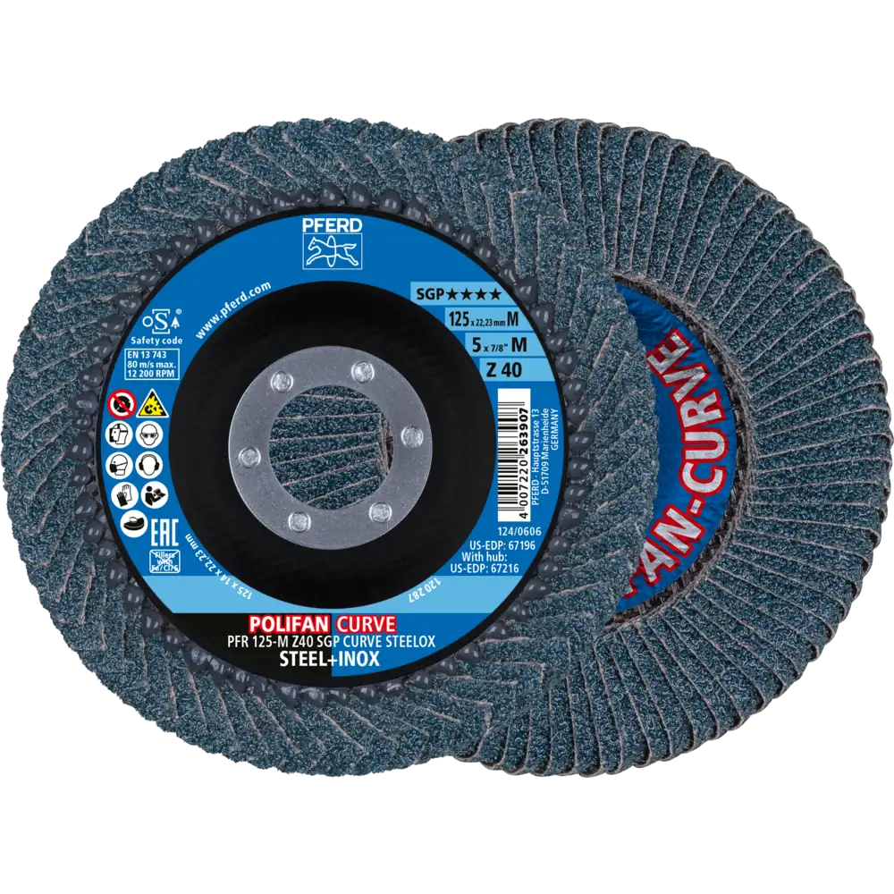PFERD TOOLS POLIFAN CURVE Fächerscheibe PFR 125x22,23 mm SGP STEELOX für Stahl/Edelstahl