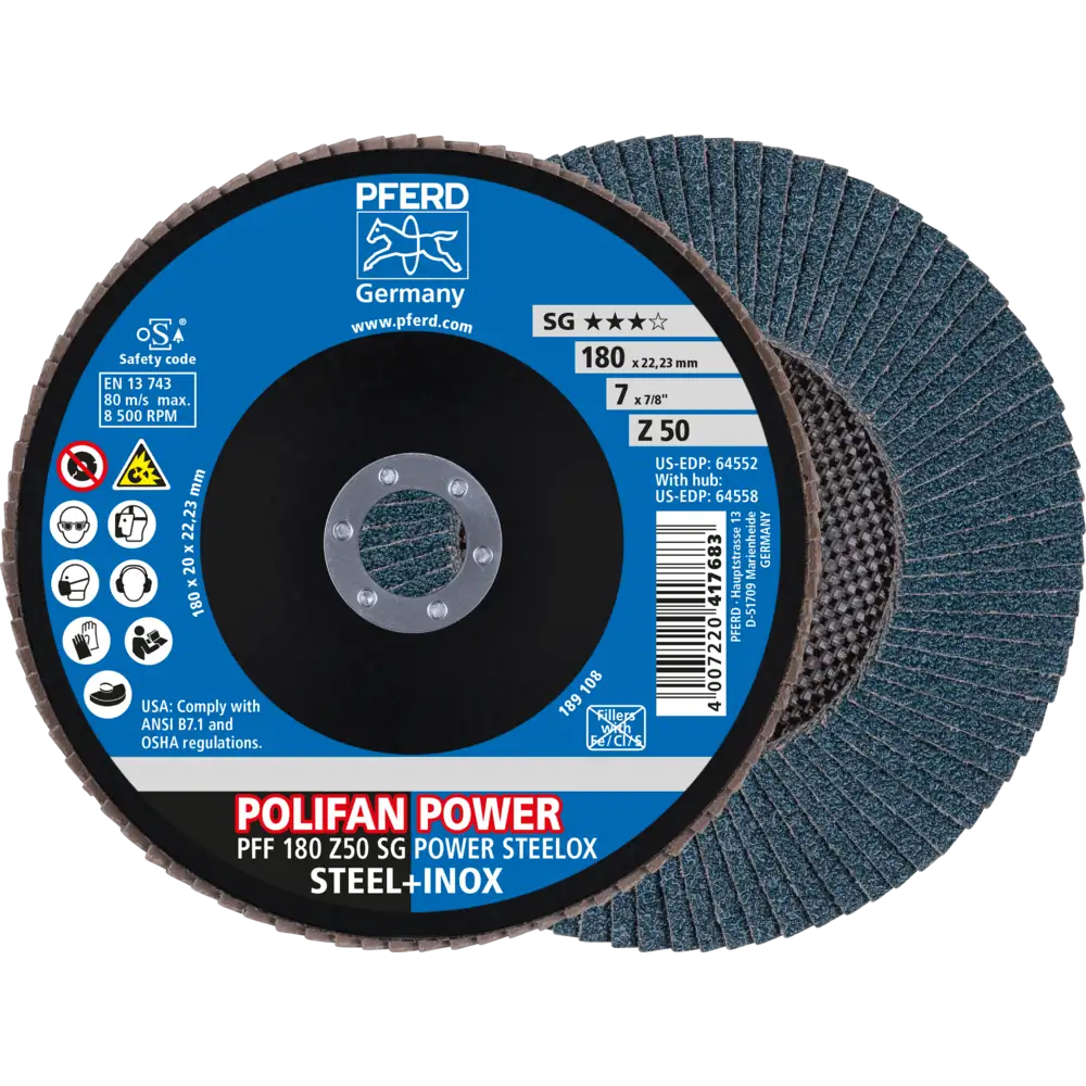 PFERD TOOLS POLIFAN POWER Fächerscheibe PFC flach Leistungslinie SG STEELOX für Stahl/Edelstahl