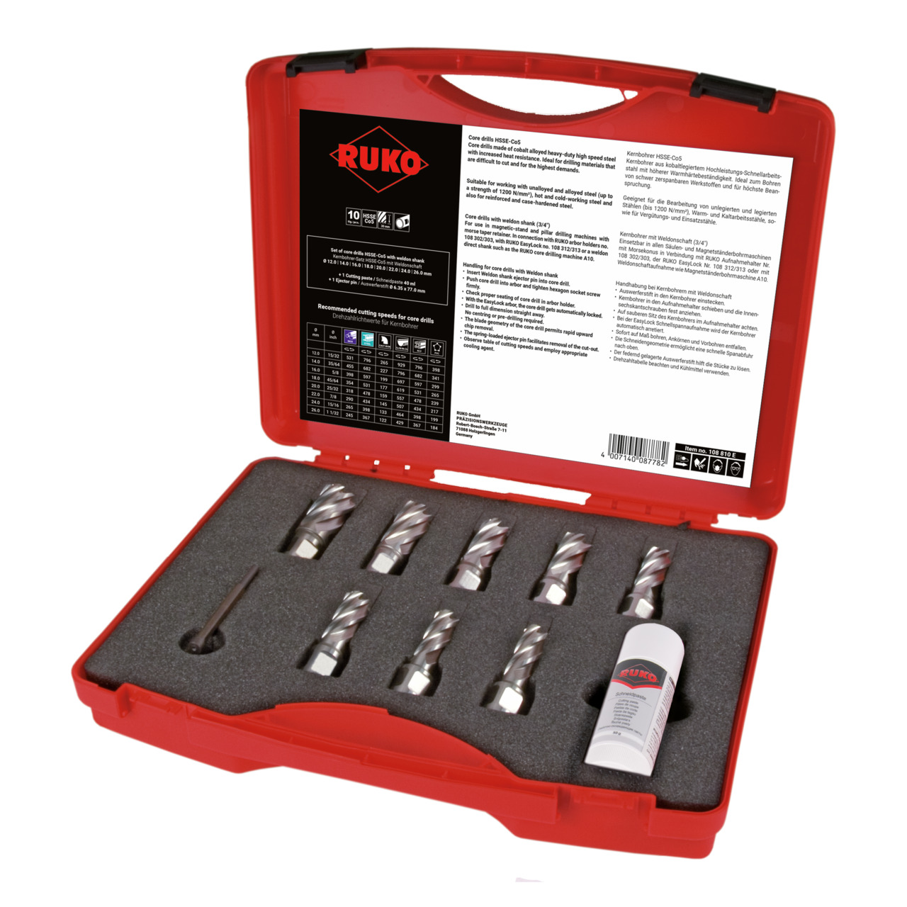 RUKO Kernbohrer-Satz HSS-Co 5 mit Weldonschaft (3/4") - 10-tlg.