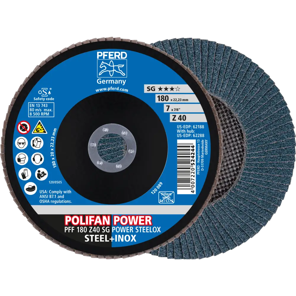 PFERD TOOLS POLIFAN POWER Fächerscheibe PFF flach Zirkonkorund SG STEELOX Stahl/Edelstahl