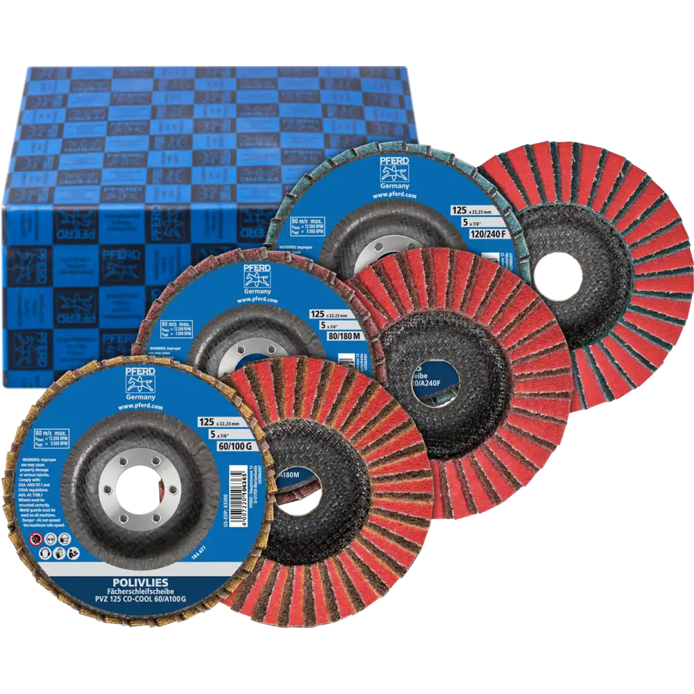 PFERD TOOLS POLIVLIES-Fächerscheiben Set PVZ 3-tlg. Keramik 125 mm Bohrung 22,23 mm CO-COOL60/G,80/M,120/F