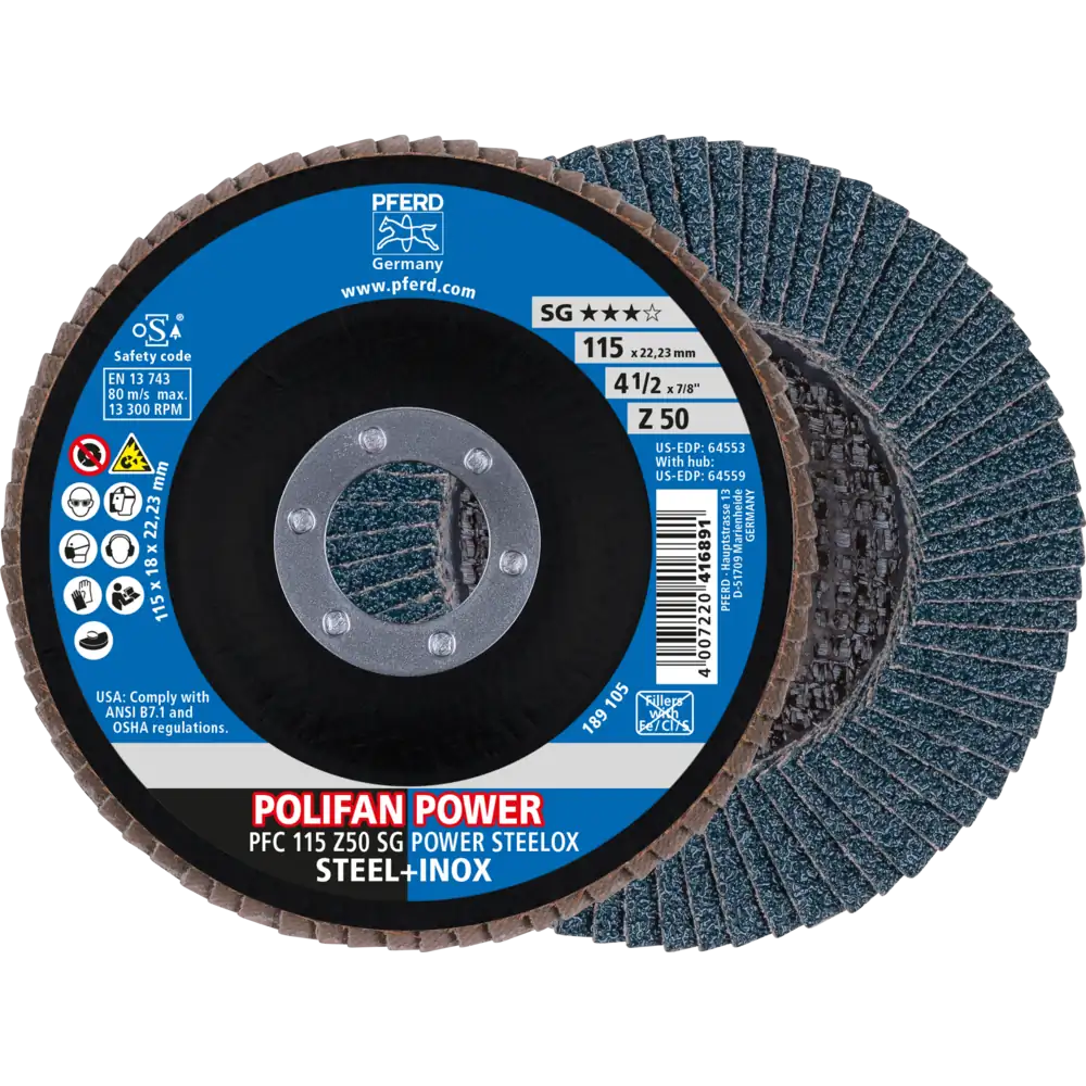 PFERD TOOLS POLIFAN POWER Fächerscheibe PFC konisch Leistungslinie SG STEELOX für Stahl/Edelstahl