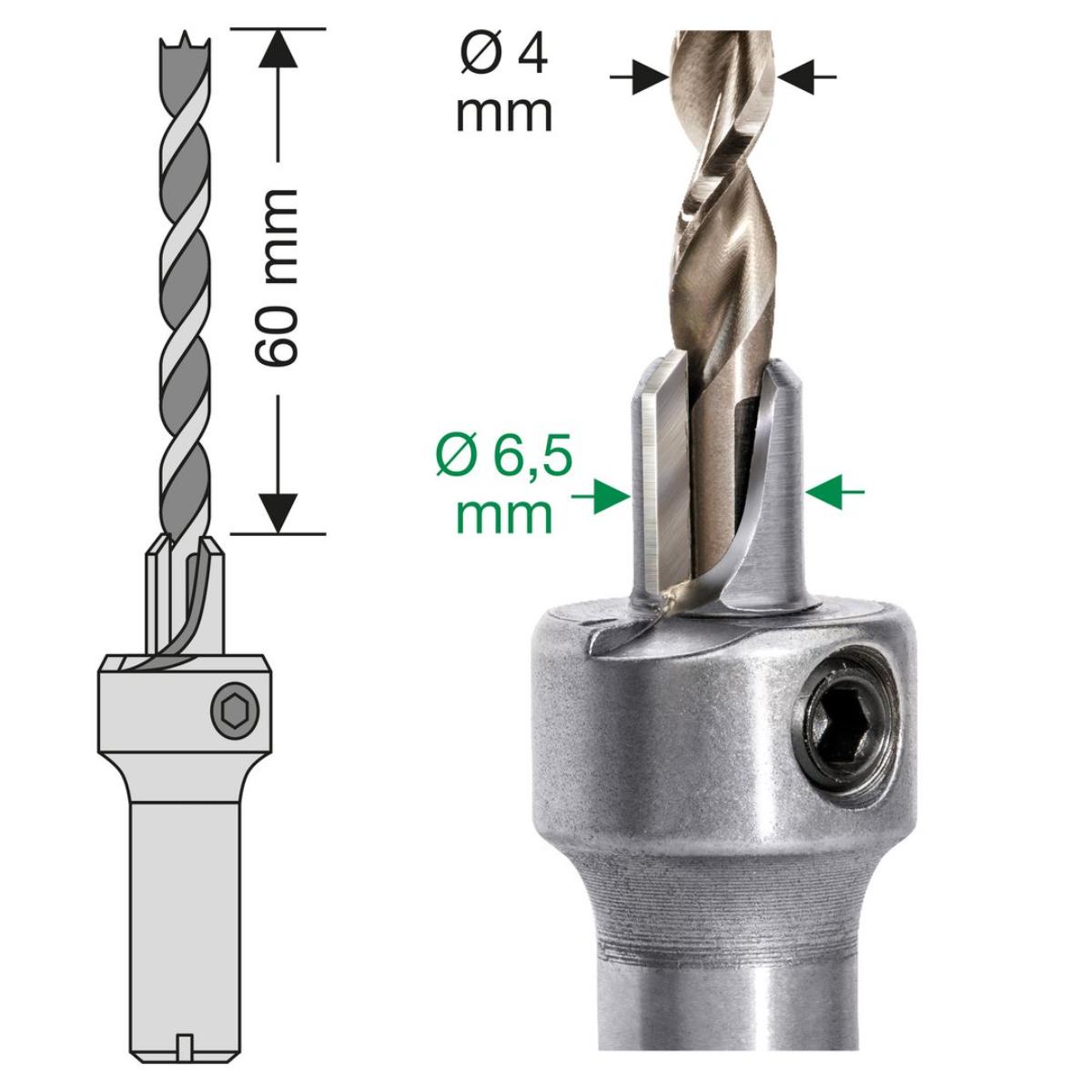 SPAX 1 x Holzbohrer 4 mm Ø, 1 x Senker 6,5 mm Ø, 1 x Innensechskant- schlüssel, Bohrerlänge 75 mm, Spirallänge 41 mm