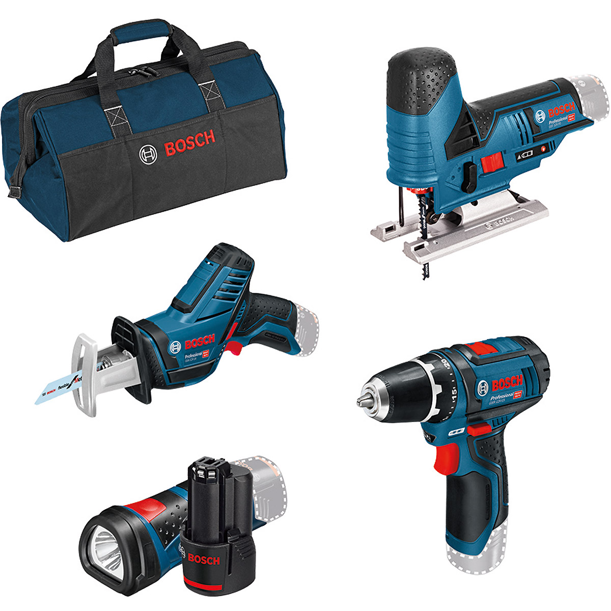 Bosch 12V-Werkzeug-Set 4-teilig GSR + GSA + GST + GLI + 2 x GBA 12V 2.0Ah + GAL