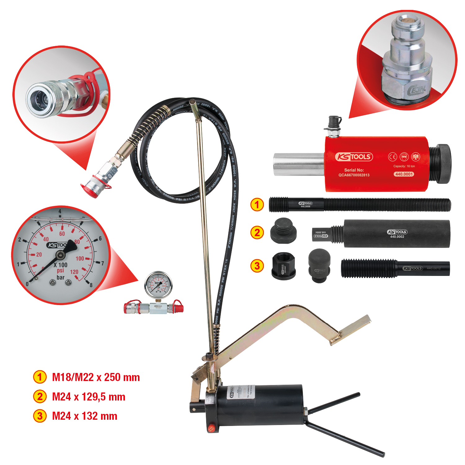 KS Tools Hydraulik-Einheit 16t, mit Hydraulik-Pumpe und Manometer, 15-tlg