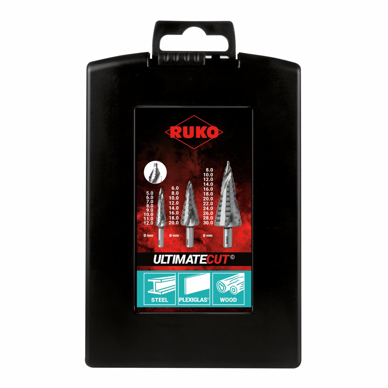 RUKO ULTIMATECUT Stufenbohrer-Satz HSS mit FLOWSTEP® Spitze - 3-tlg.