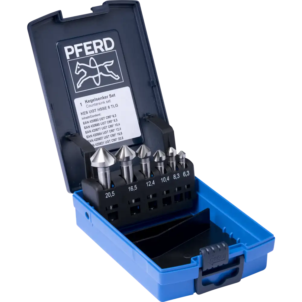 PFERD TOOLS HSSE-Kegelsenker-Set UGT 6-tlg. DIN 335 C 90° Ausführung Co5 mit Ungleichteilung