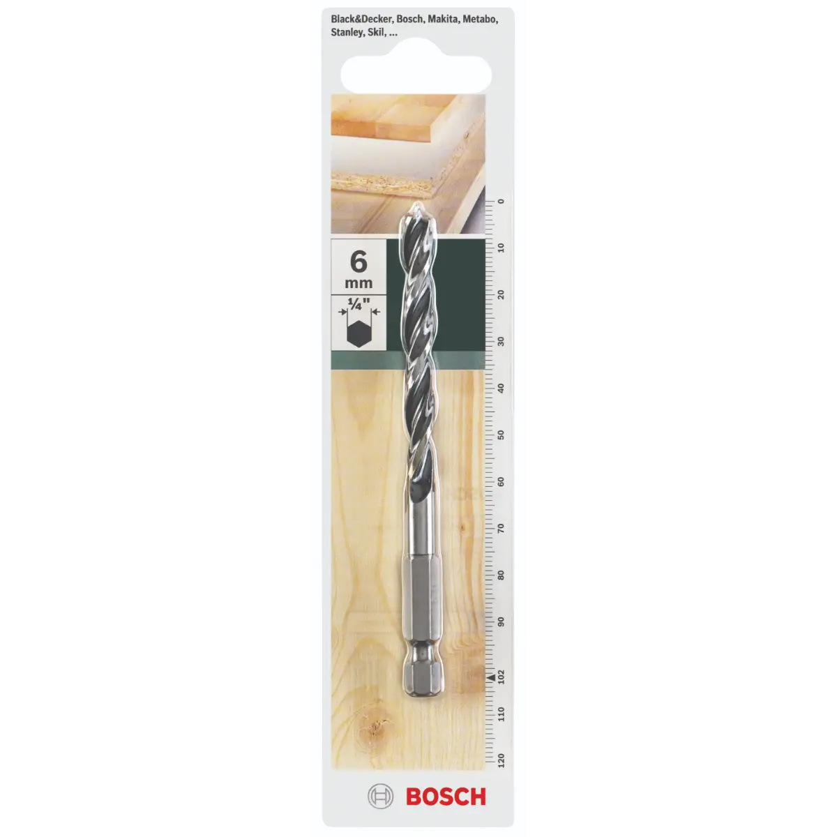 Bosch Holzspiralbohrer-HSS, 1/4"-Sechskantschaft D= 6,0 mm, L= 102 mm