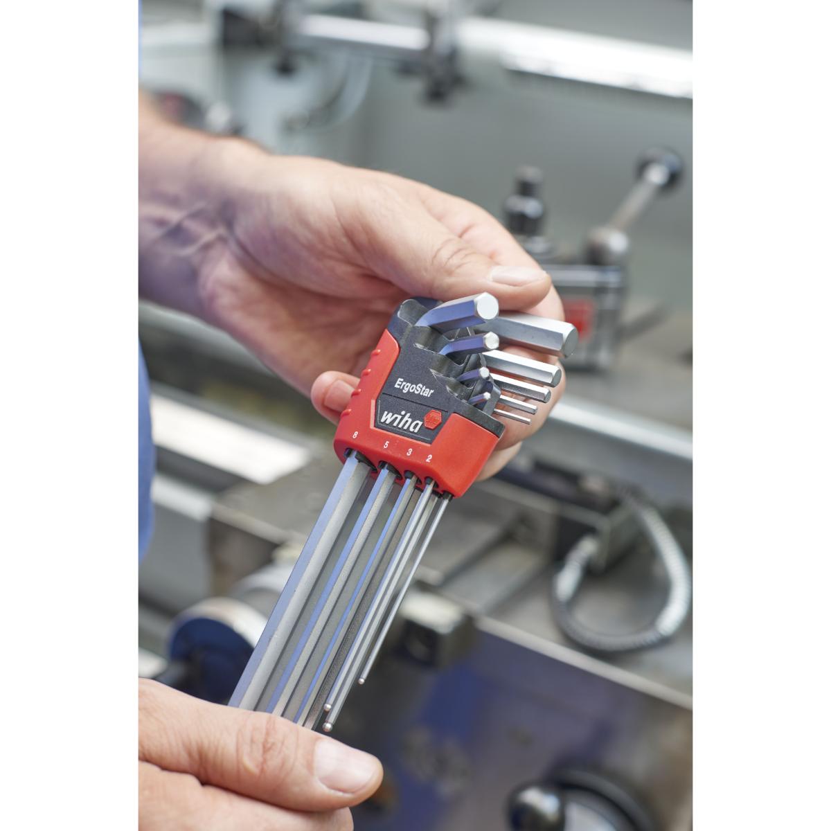 Wiha Stiftschlüssel Set im ErgoStar Halter Sechskant-Kugelkopf MagicRing 9-teilges Set mattverchromt in SB-Kartonverpackung