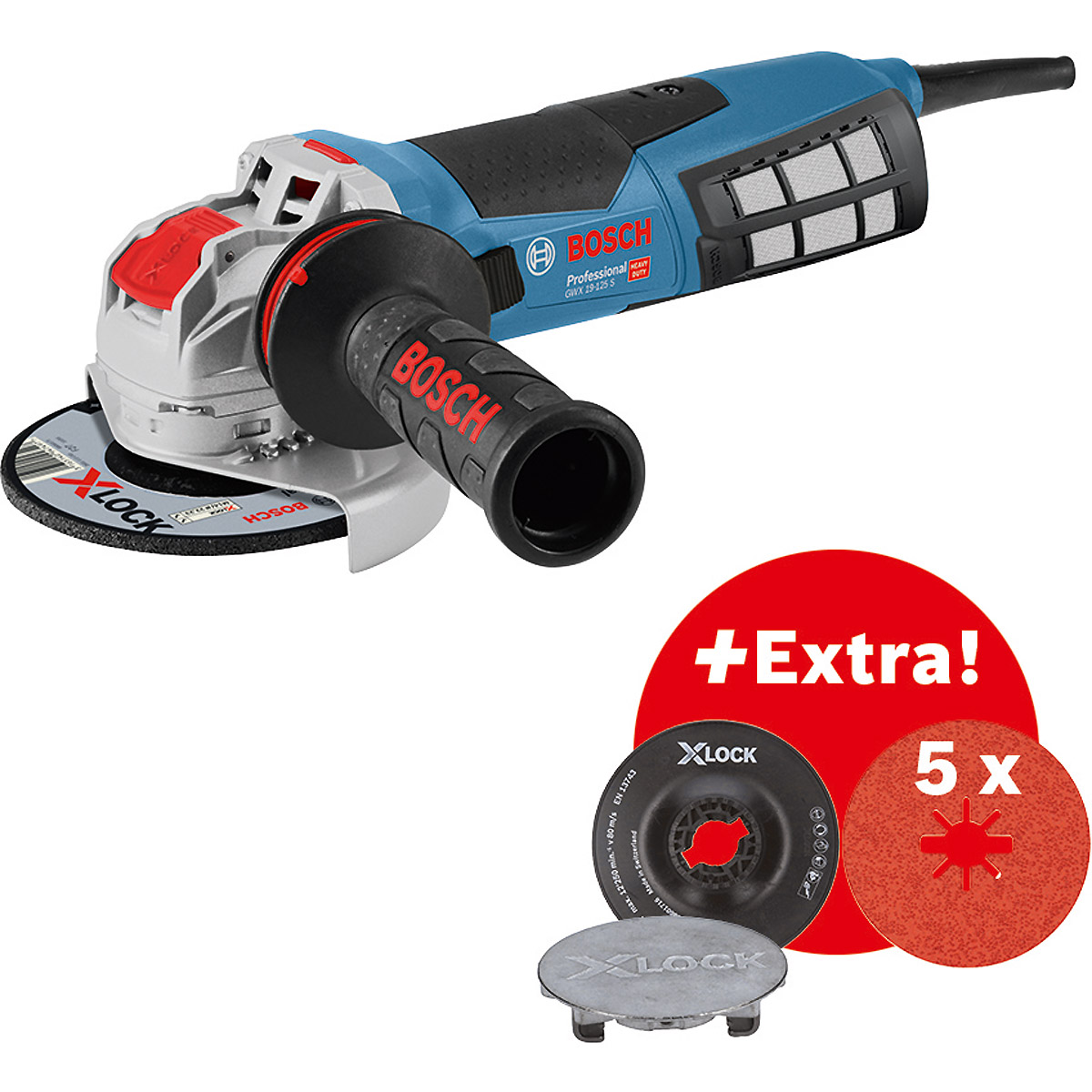Bosch Set: GWX 19-125, Strongflex-Kabel, 5x X-LOCK Fiberschleifscheibe, Stützteller
