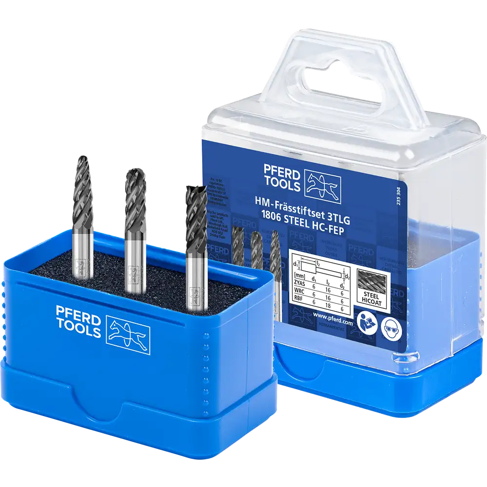 PFERD TOOLS Hartmetall Hochleistungsfrässtift Set 1806 STEEL 3-tlg Ø 6mm Schaft-Ø 6mm HICOAT beschichtet für Stahl