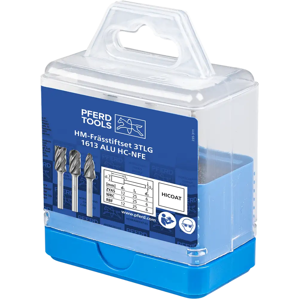 PFERD TOOLS Hartmetall Hochleistungsfrässtift Set 1613 ALU 3-tlg Ø 12mm Schaft-Ø 6mm HICOAT beschichtet für für Alu/NE Metalle