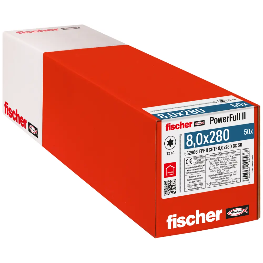 Fischer Vollgewindeschraube 8,0x280 PowerFull FPF II CHTF 6/8 BC, Vollgewinde, Zylinderkopf, TX