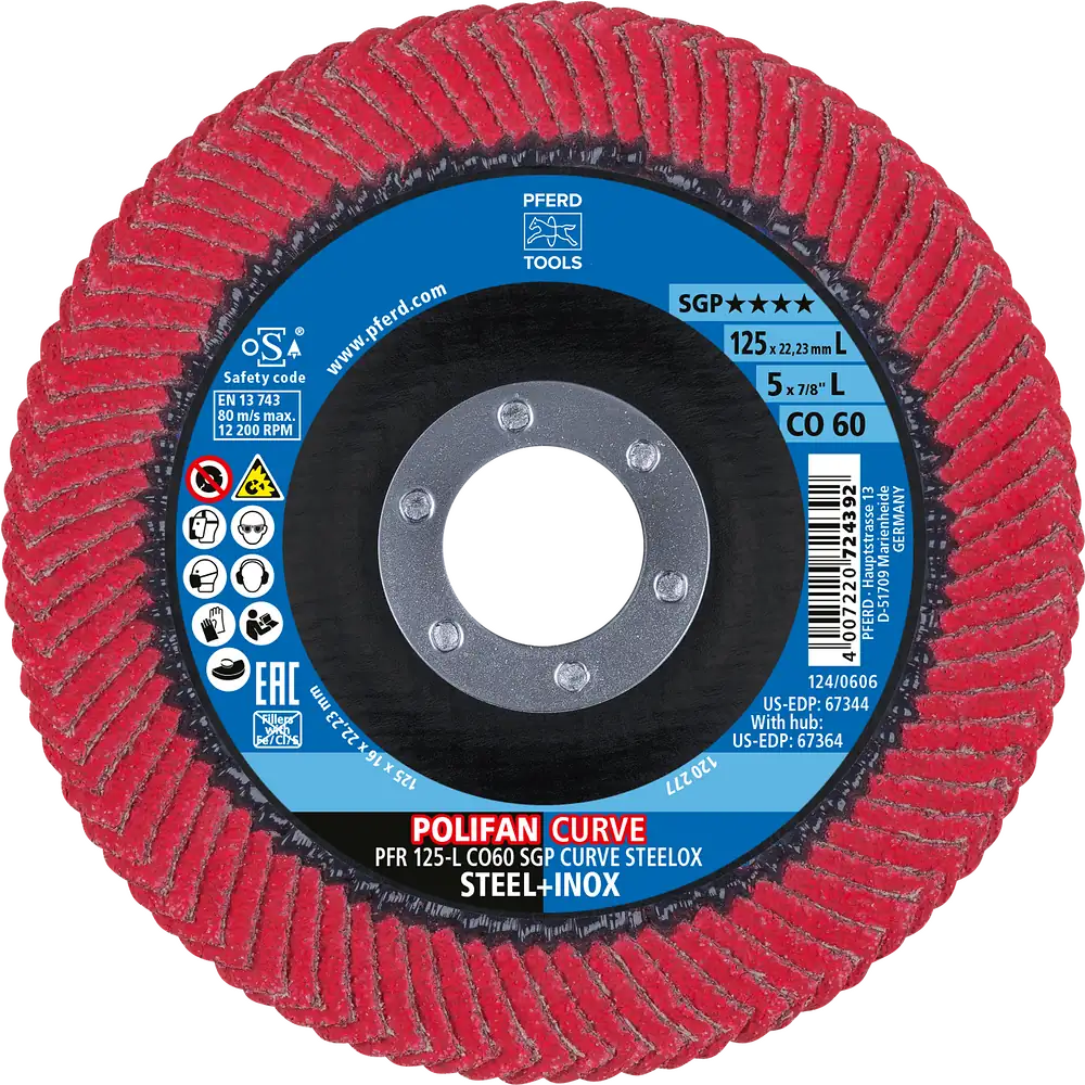 PFERD TOOLS POLIFAN CURVE Fächerscheibe PFR 125x22,23 mm Breite L CO60 SGP STEELOX für Stahl/Edelstahl (POS 2)