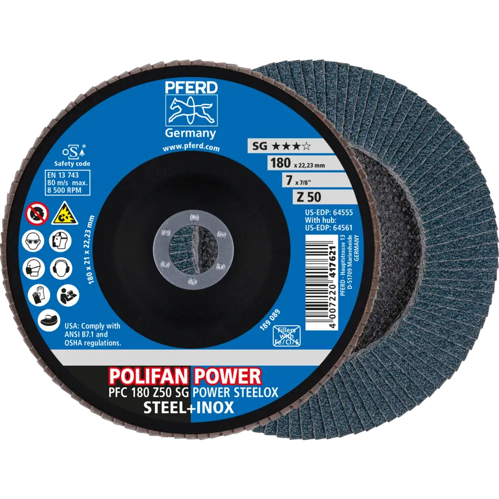 PFERD TOOLS POLIFAN POWER Fächerscheibe PFC konisch Leistungslinie SG STEELOX für Stahl/Edelstahl
