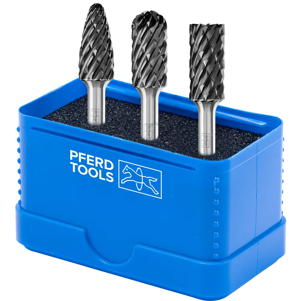 PFERD TOOLS Hartmetall Hochleistungsfrässtift Set 1807 STEEL 3-tlg Ø 12mm Schaft-Ø 6mm HICOAT beschichtet beschichtet für für Stahl