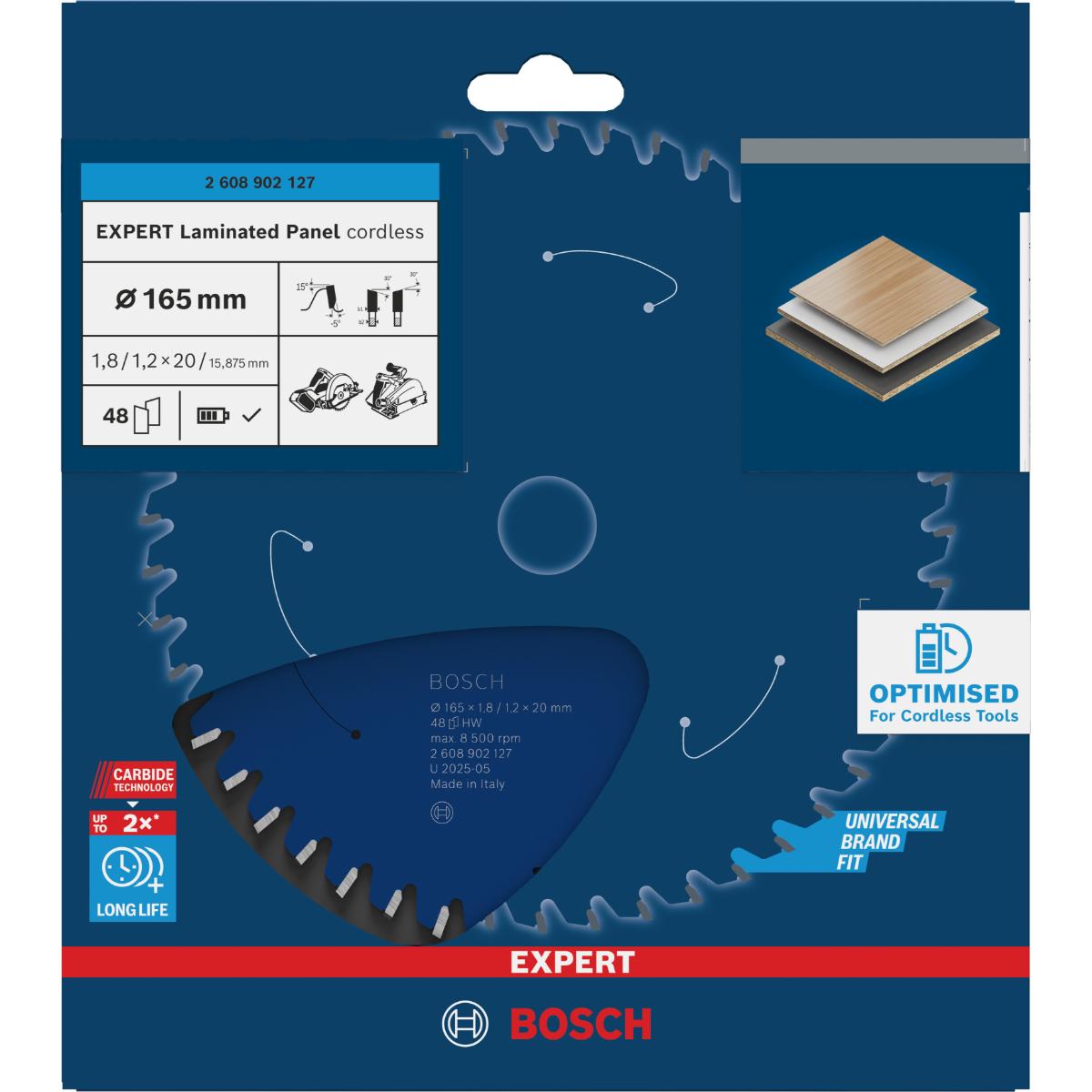 Bosch EXPERT Laminated Panel Kreissägeblatt, 165x1,8x20 mm, Z48, Zahnwinkel -5°
