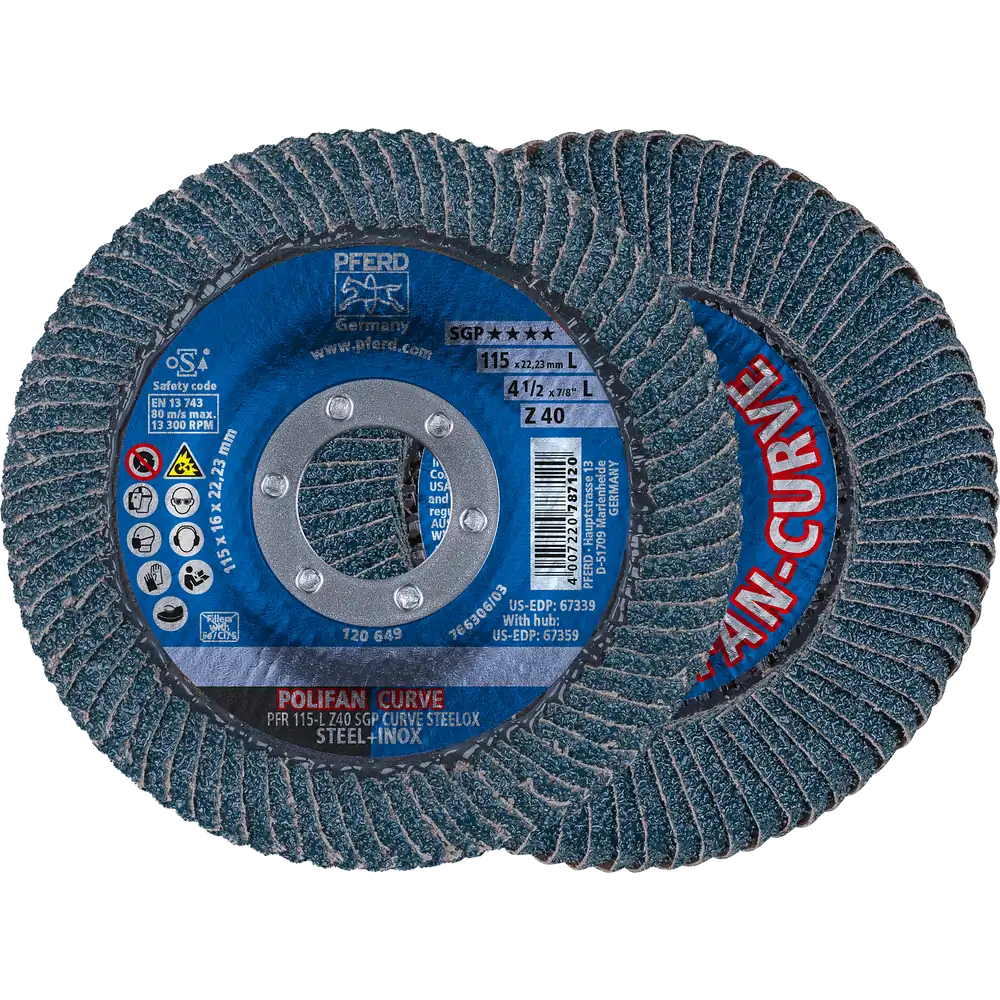 PFERD TOOLS POLIFAN CURVE Fächerscheibe PFR 115x22,23 mm Breite L Z40 SGP STEELOX für Stahl/Edelstahl (POS 2)