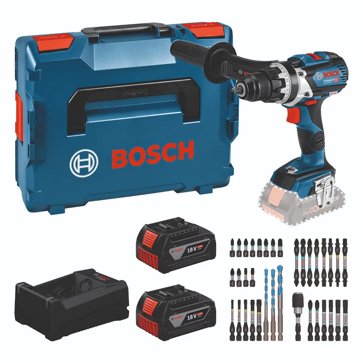 Bosch Werkzeug-Set: GSR 18V-110 C + 2x GBA 5.0Ah + GAL 12V/18V-80 + Bit-Set in L-BOXX