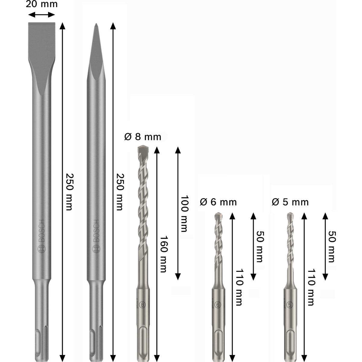Bosch SDS plus-3C Meißel- und Bohrer, D 5/6/8 mm, 5-teilg für Bohrhämmer