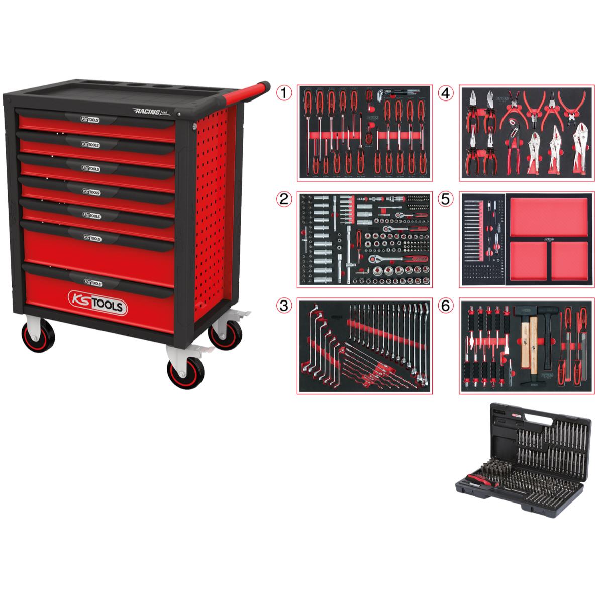 KS Tools RACINGline SCHWARZ-ROT Werkstattwagen mit 7 Schubladen und 598 Premium-Werkzeugen