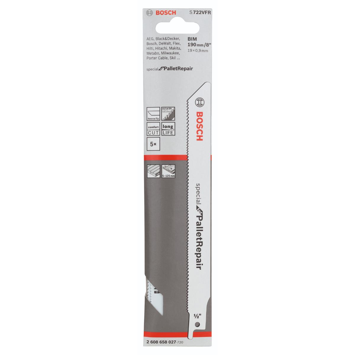 Bosch Säbelsägeblatt S 722 VFR, Special for Pallet Repair, 190 mm, 0,9 mm, 5er-Pack