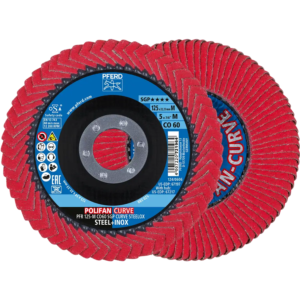 PFERD TOOLS POLIFAN CURVE Fächerscheibe PFR 125x22,23 mm Breite M CO60 SGP STEELOX für Stahl/Edelstahl (POS 2)
