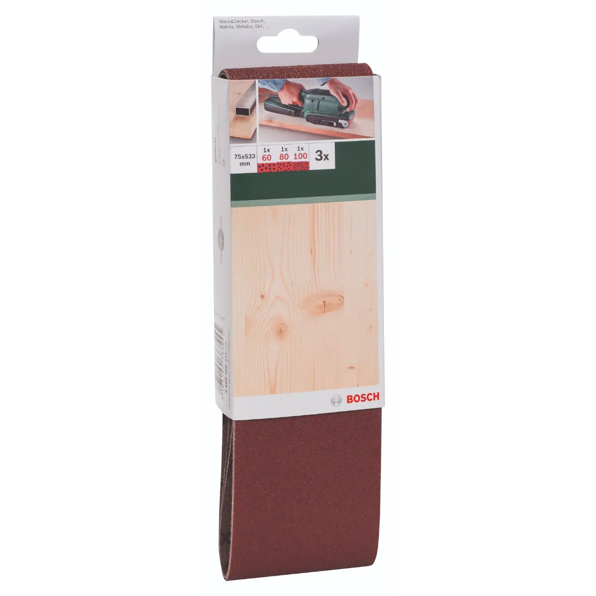 Bosch Schleifband-Set für Bandschleifer, rote Qualität K=60/80/100, 75x233 mm, 3-tlg.