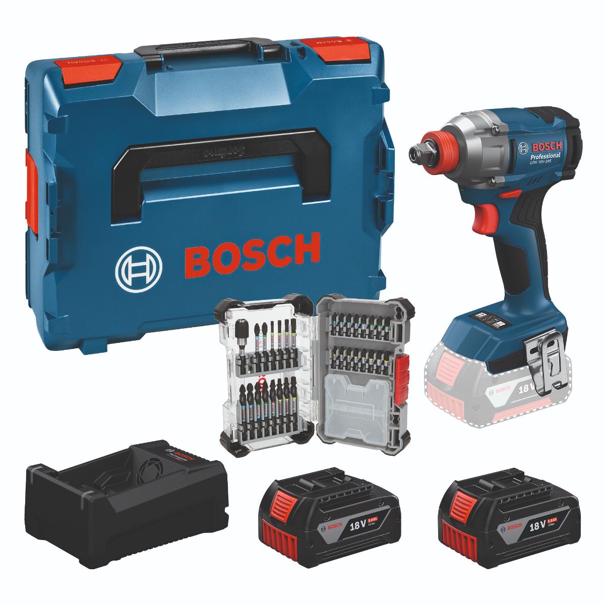 Bosch Werkzeug-Set: GDX 18V-285 + 2x GBA 5.0Ah + GAL + 31-tlg. Bit-Set in L-BOXX