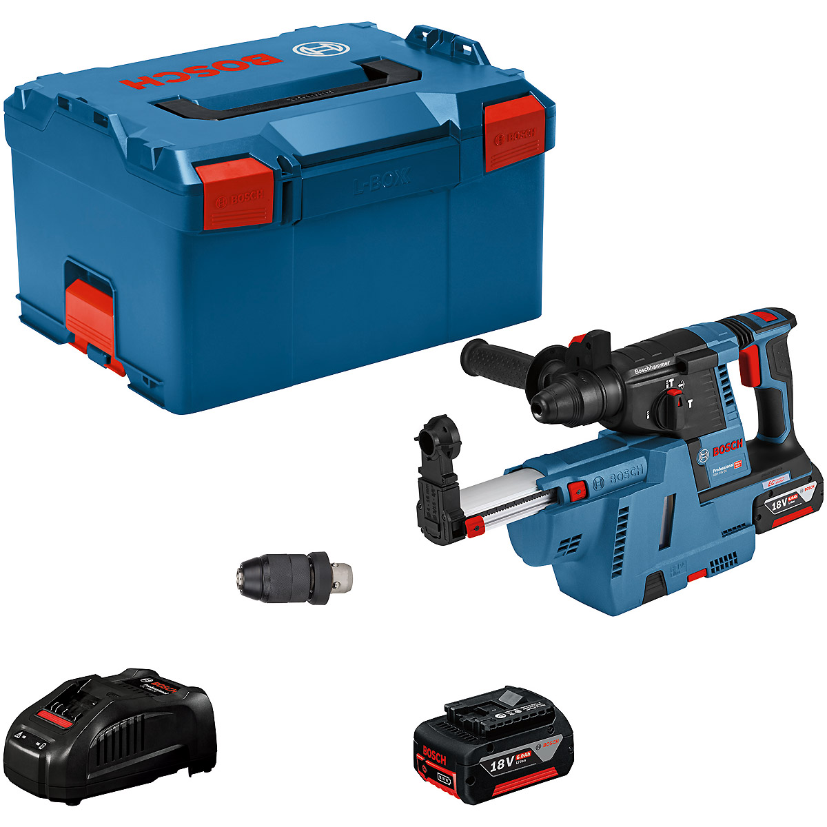 Bosch Akku-Bohrhammer mit SDS plus GBH 18V-26 F, 2 x 6.0 Ah Akku, GDE 18V-16, L-BOXX