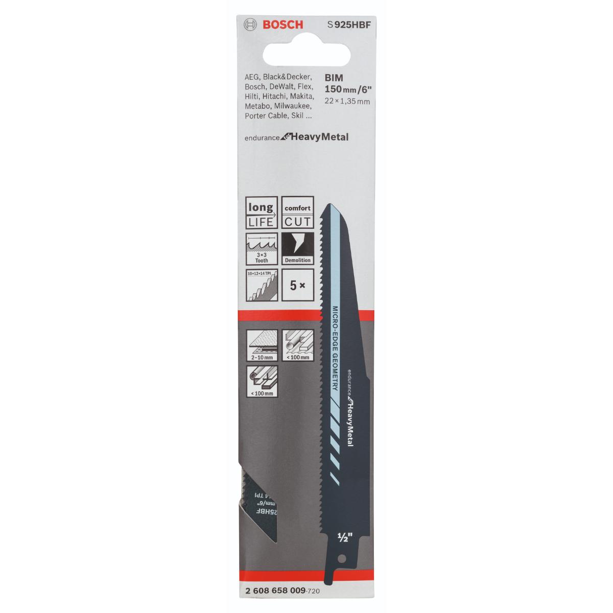 Bosch Säbelsägeblatt S 925 HBF, Endurance for Heavy Metal, 5er-Pack