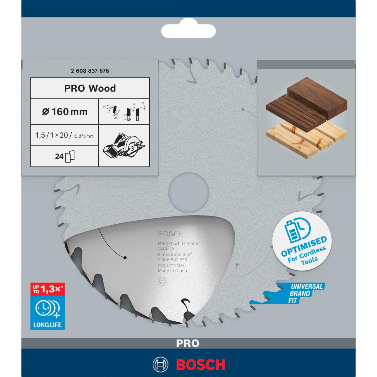 Bosch PRO Akku-Kreissägeblatt Standard for Wood, 160 x 1,5/1 x 20, 24 Zähne