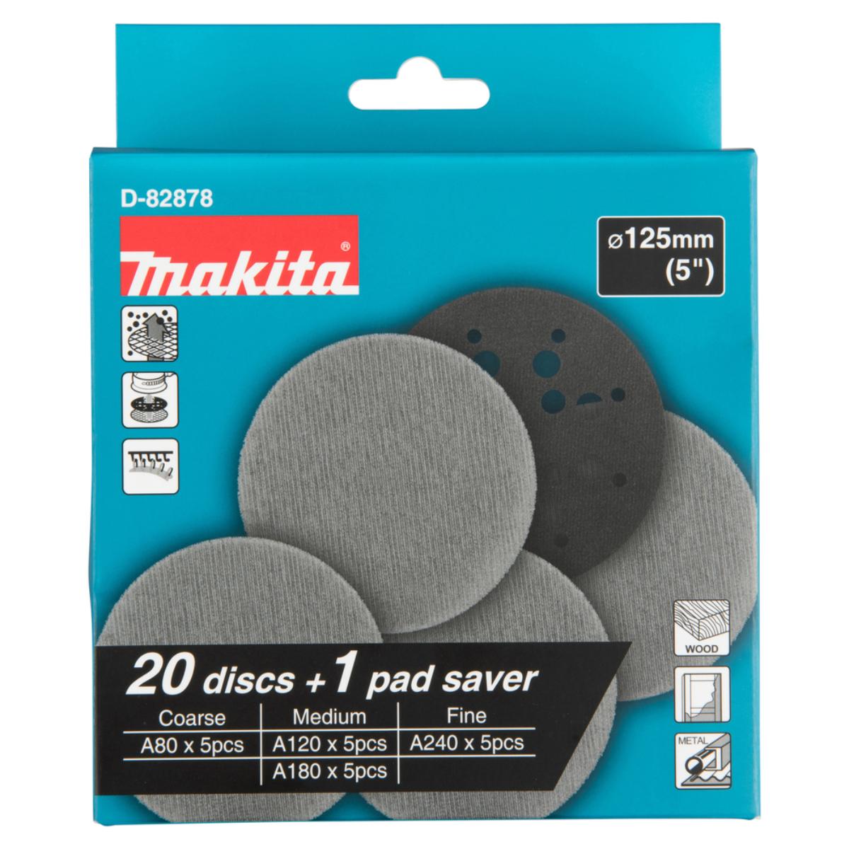 Makita Netzschleifmittel Ø 125 mm Körnung A80 - A240 Klett Gitter, 21-teiliges Set