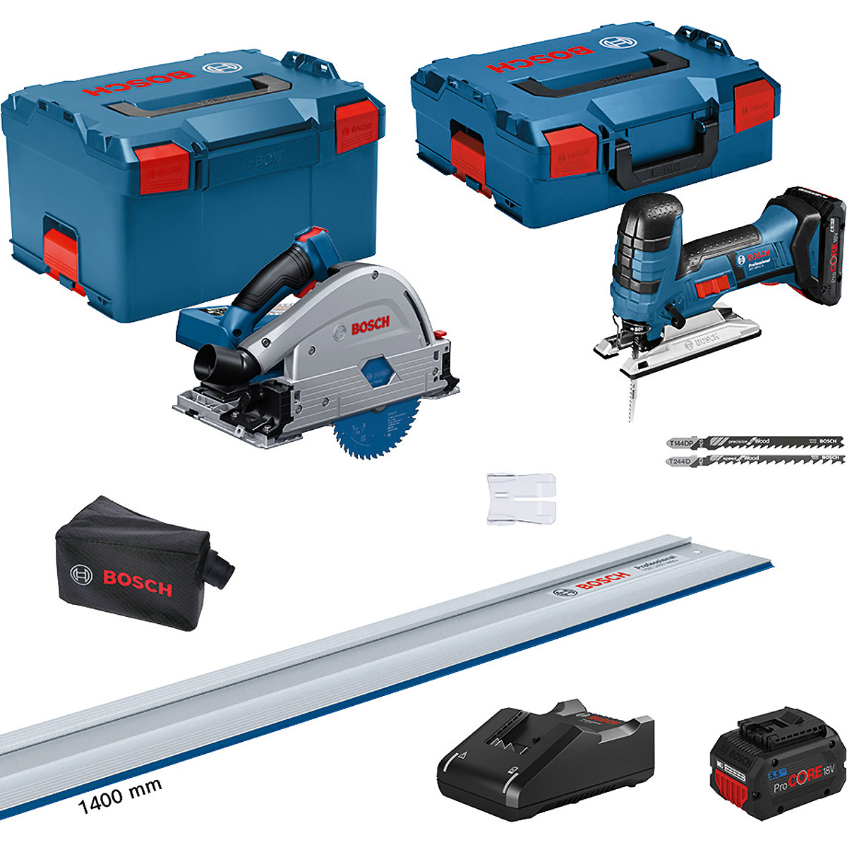 Bosch 18V kit: GKT + GST + FSN 1400 + 2 x PC (1 x 4,0 Ah +1 x 5,5 Ah) + GAL