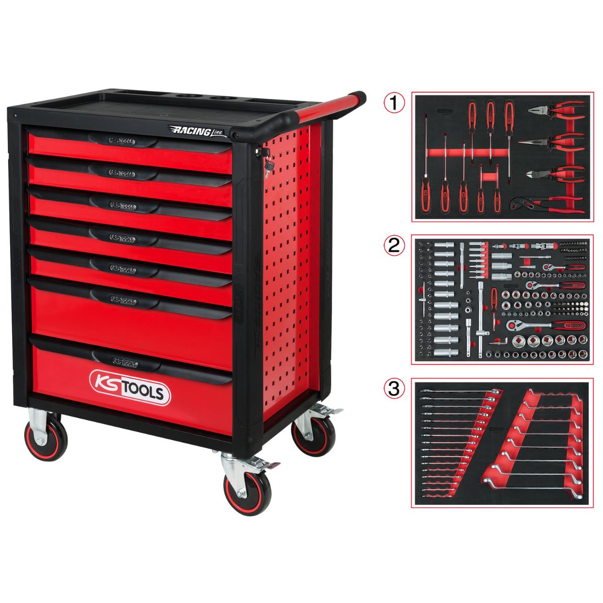 KS Tools RACINGline SCHWARZ-ROT Werkstattwagen mit 7 Schubladen und 215 Premium-Werkzeugen