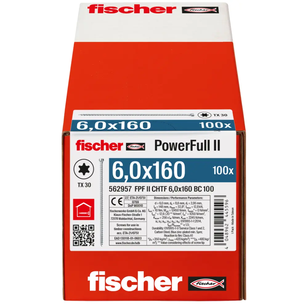 Fischer Vollgewindeschraube 6,0x160 PowerFull FPF II CHTF 6/8 BC, Vollgewinde, Zylinderkopf, TX