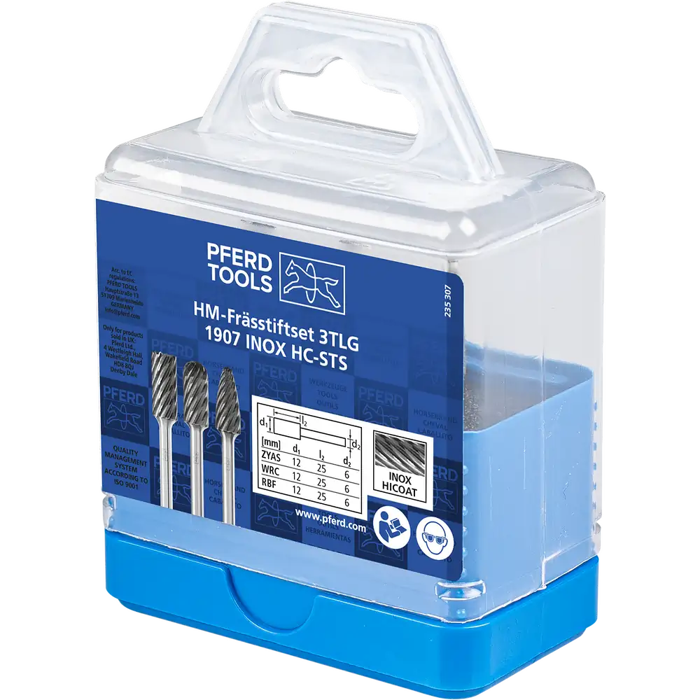 PFERD TOOLS Hartmetall Hochleistungsfrässtift Set 1907 INOX 3-tlg Ø 12mm Schaft-Ø 6mm HICOAT beschichtet beschichtet für Edelstahl