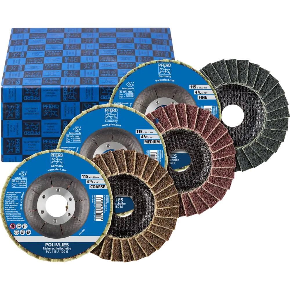 PFERD TOOLS POLIVLIES-Fächerscheiben-Set PVL Korund 115mm Bohrung 22,23mm A100,180,280