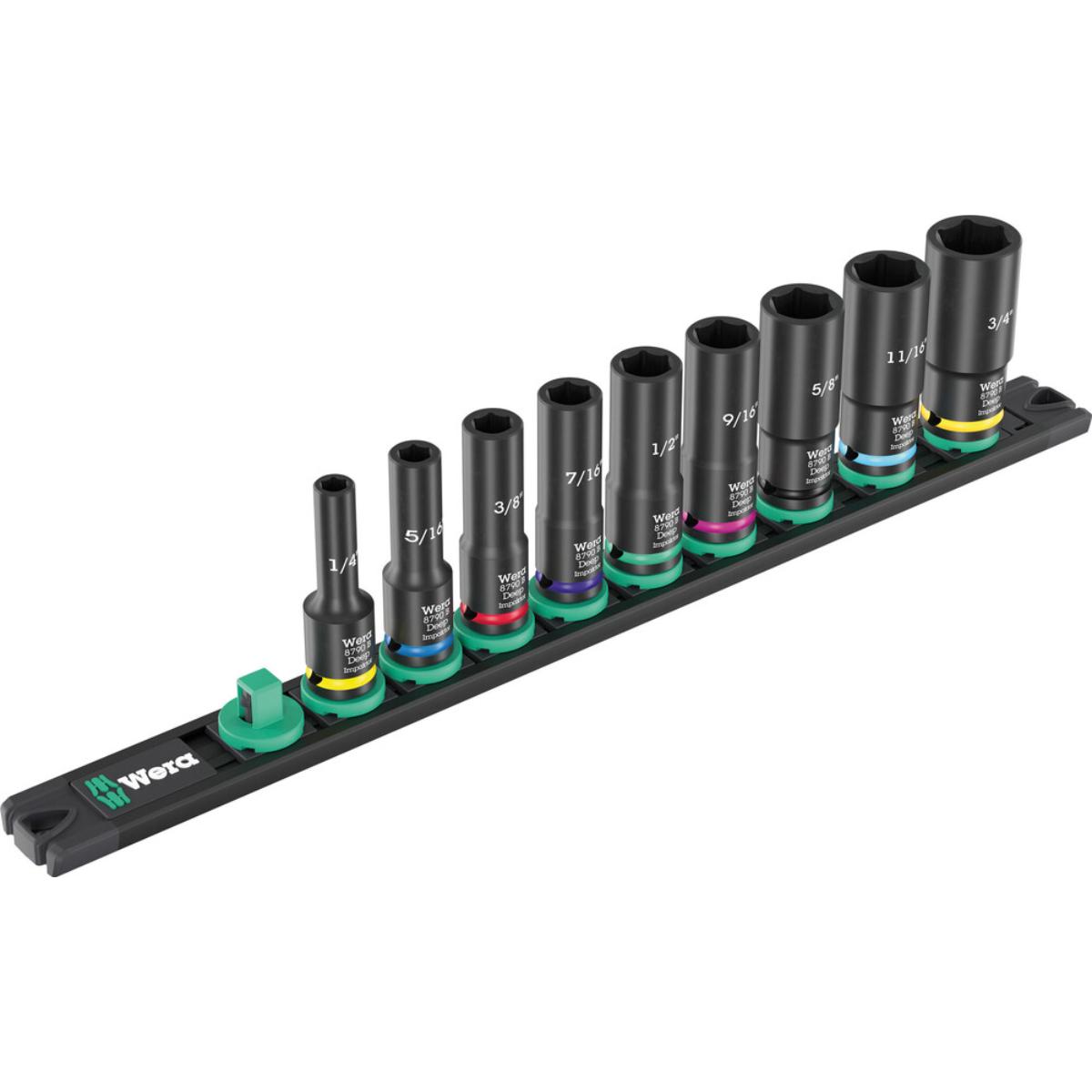Wera 9661 Nuss-Magnetleiste B Impaktor Deep Imperial 1 Steckschlüsseleinsatz-Satz, 3/8 zoll-Antrieb, 9-teiliges Set